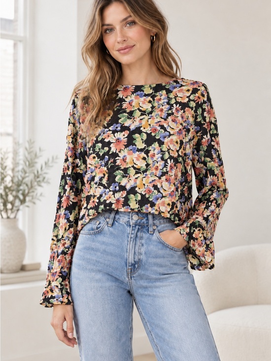 Something Navy Tops - Something Navy Black Multi Floral Long-Sleeve Blouse
